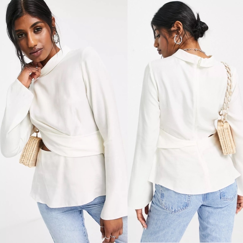NEW TopShop Premium Long Sleeve Draped Cut Out Top Ivory White Size 6‎ Lyocell